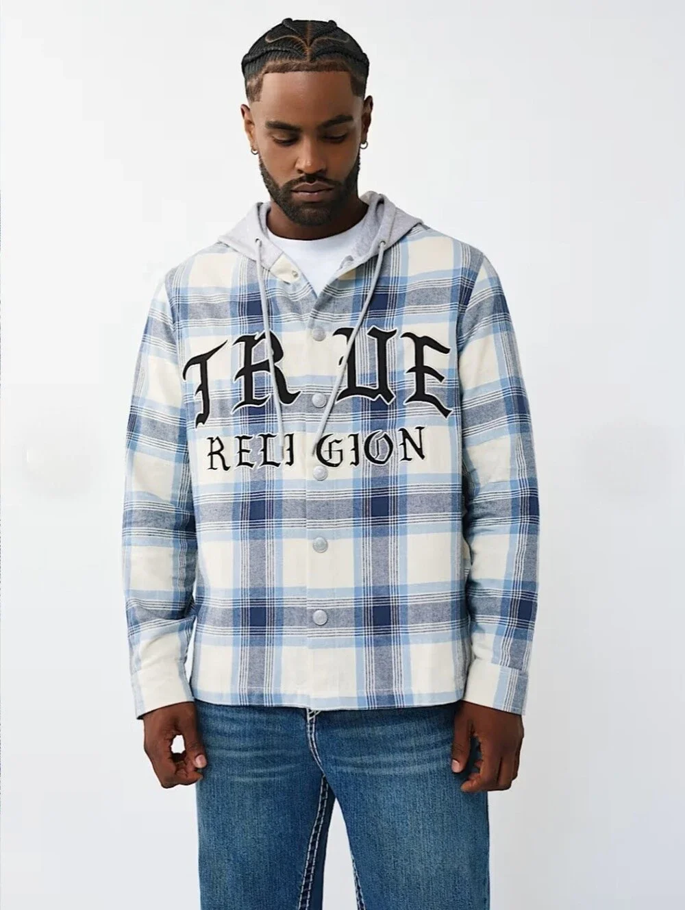 $119 True Religion Mens hooded flannel shirt